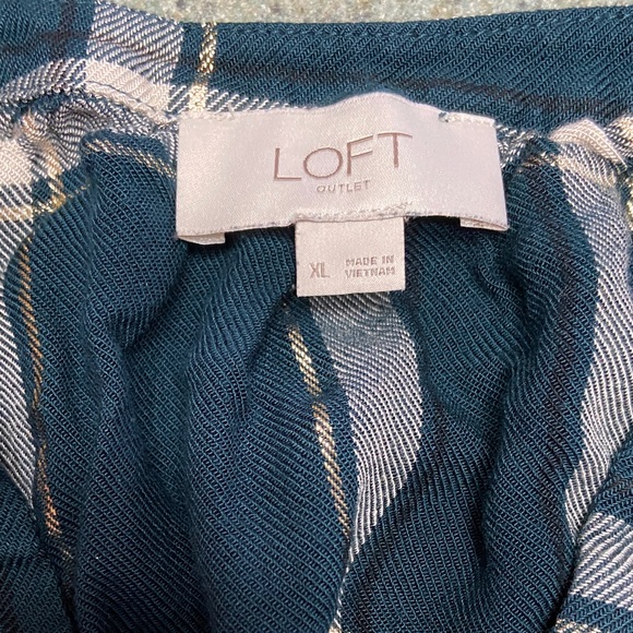 LOFT Green /gold /white Plaid V-Neck Blouse - Picture 2 of 5
